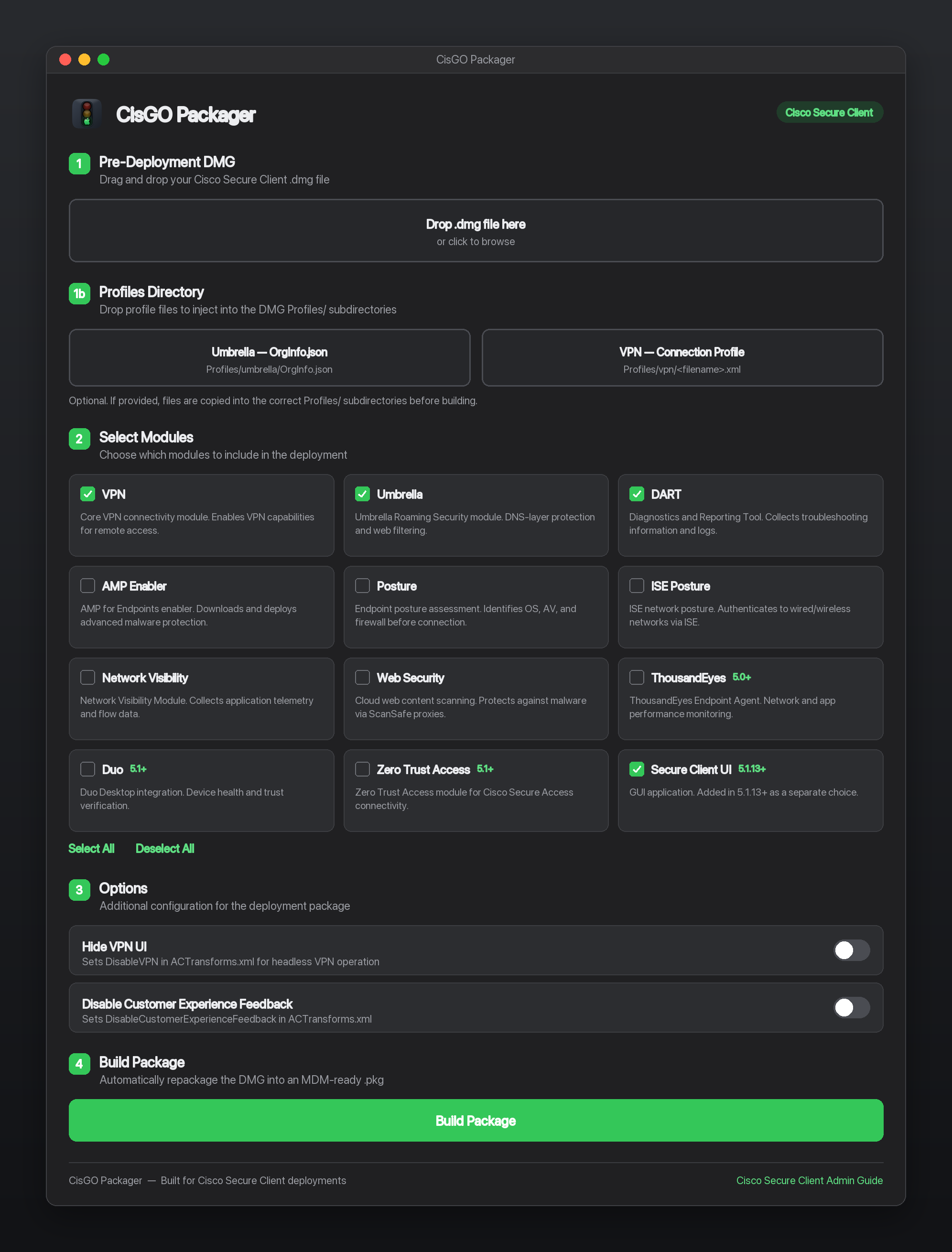 CisGO Packager on macOS: drop a DMG, pick modules, inject profiles, and build an MDM-ready package